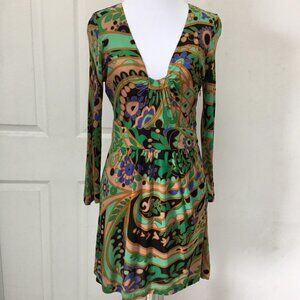 Tibi Long Sleeve V Neck Floral Silk Blend Dress Size Small Green Black